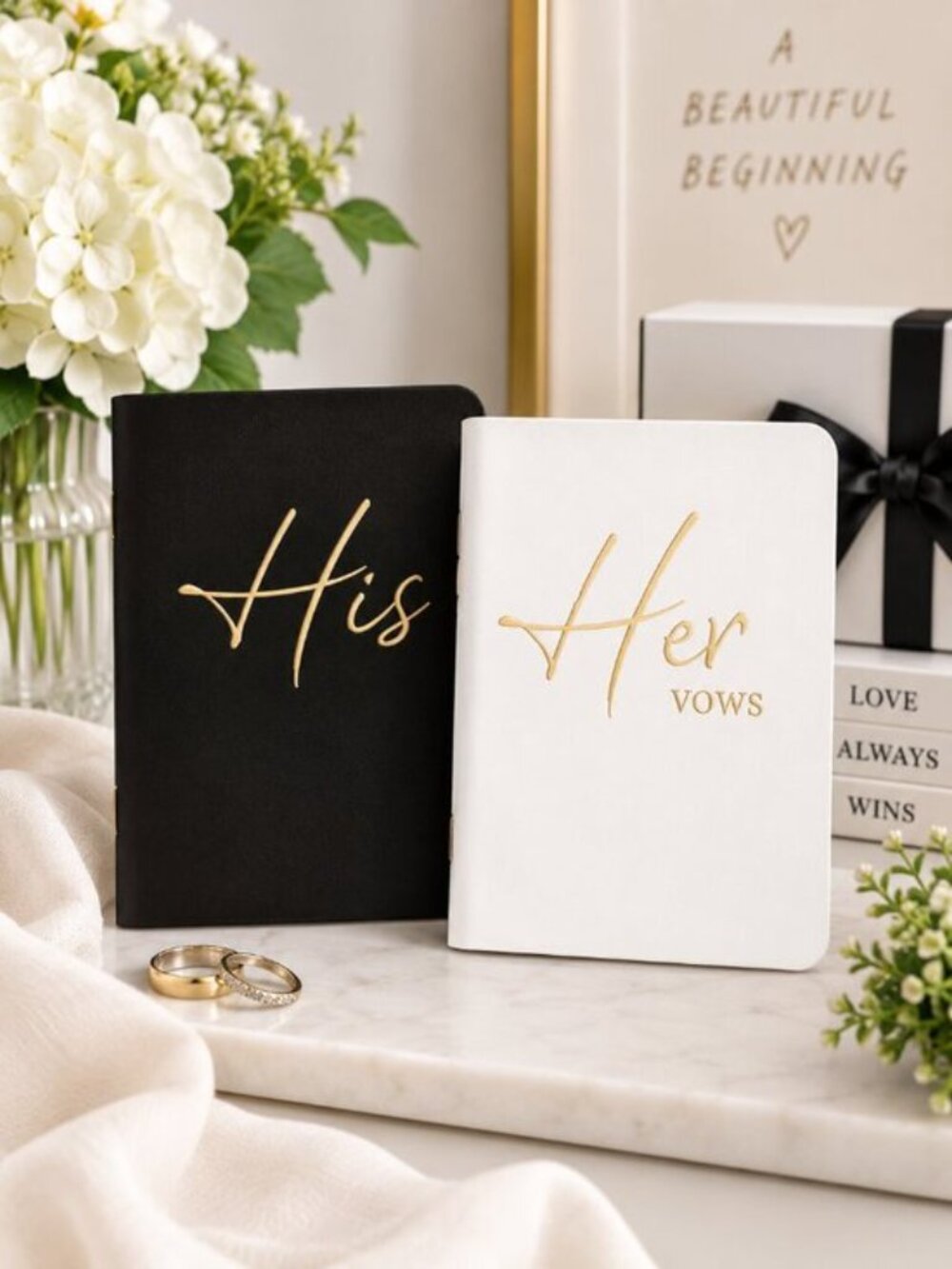 Taja His & Hers Wedding Vow Books Black White Gold Foil Set of 2 NWT